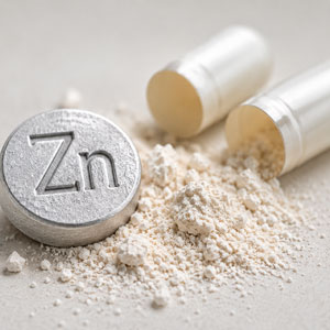 Round metal token stamped 'Zn' beside spilled zinc powder and two white capsules, illustrating a zinc supplement.